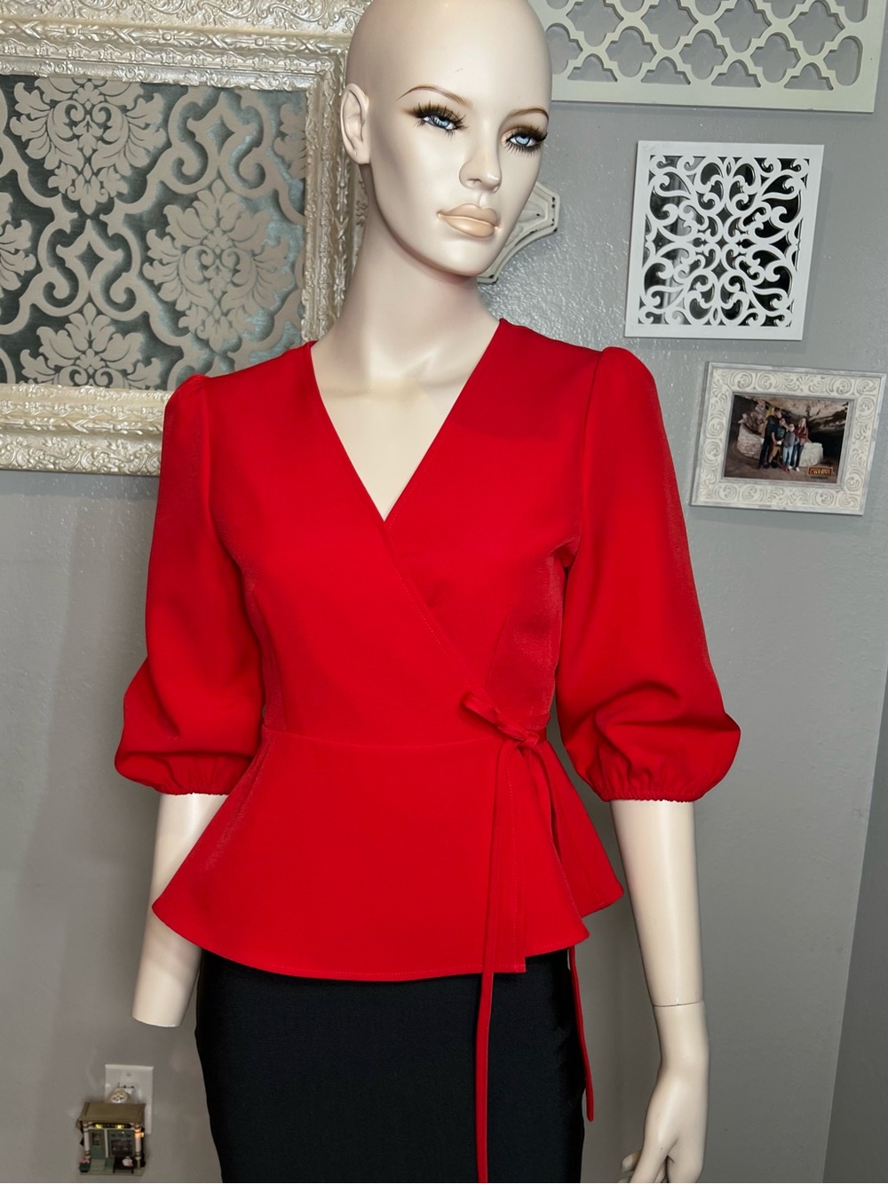 Gracia Red Wrap Peplum Blouse - Women's Elegant V-Neck Top